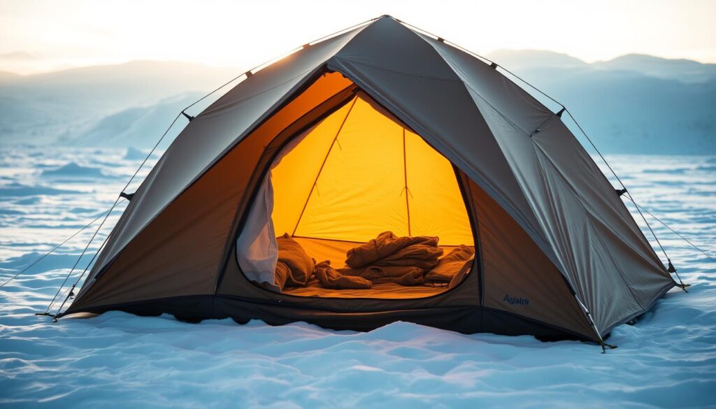 A well-insulated, 4-season expedition tent standing sturdy amidst a snowy winter landscape. The tent's exterior features a durable, weatherproof fabric in a muted, earthy tone that blends seamlessly with the surrounding environment. The tent's design incorporates reinforced poles and guy lines, ensuring stability even in harsh, windy conditions. A soft, warm glow emanates from the tent's interior, hinting at the cozy refuge it provides from the chilling temperatures outside. The scene is illuminated by a soft, diffused natural light, casting long shadows across the pristine, snow-covered ground. An atmosphere of tranquility and preparedness pervades the image, capturing the essence of a reliable, winter-ready camping shelter.