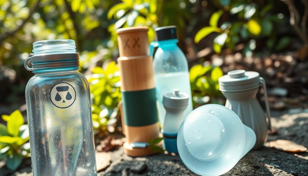 A well-lit, close-up shot of a collection of sustainable outdoor essentials for the "Lightweight and Reusable Water Bottles" section. In the foreground, a sleek, reusable water bottle made from recycled materials, its surface glistening with water droplets. In the middle ground, a bamboo-based water filter and a compact, foldable water cup. The background features a natural, earthy setting with lush greenery, sun-dappled leaves, and a sense of tranquility. The overall mood is one of eco-friendliness, functionality, and a connection to the great outdoors. A well-lit, close-up shot of a collection of sustainable outdoor essentials for the "Lightweight and Reusable Water Bottles" section. In the foreground, a sleek, reusable water bottle made from recycled materials, its surface glistening with water droplets. In the middle ground, a bamboo-based water filter and a compact, foldable water cup. The background features a natural, earthy setting with lush greenery, sun-dappled leaves, and a sense of tranquility. The overall mood is one of eco-friendliness, functionality, and a connection to the great outdoors.