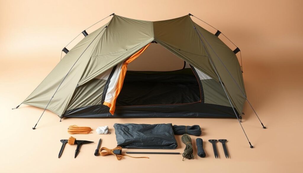 A well-lit, close-up studio photograph of the individual components that make up a camping tent, arranged neatly and symmetrically on a plain, neutral-colored background. The components should include the tent body, rain fly, poles, stakes, and guy lines, all presented in a clear, informative manner that showcases their construction and function. The lighting should be soft and even, accentuating the textures and details of the materials. The composition should be balanced and visually appealing, guiding the viewer's eye to each key element of the tent assembly.