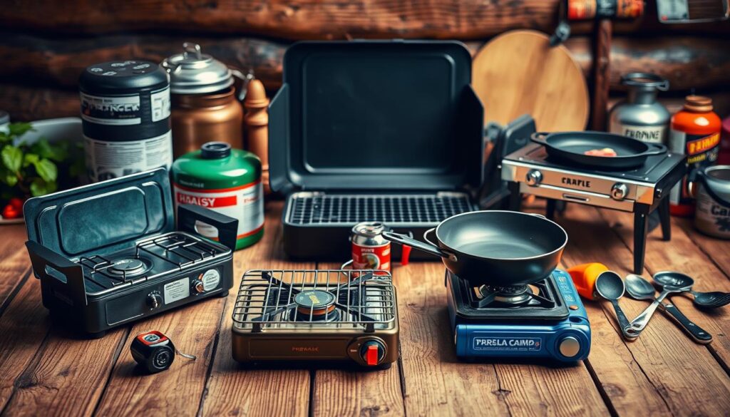 A well-lit, high-resolution image depicting a variety of portable camping stoves and grills on a wooden surface, showcasing their different designs, features, and functionalities. The foreground features a compact, folding gas-powered stove with grill attachments, a small charcoal grill, and a single-burner camp stove. The middle ground includes a larger two-burner propane camping stove and a collapsible wood-burning camp stove. The background showcases additional accessories like a cast-iron skillet, cooking utensils, and a fuel canister, all set against a natural, outdoor-inspired backdrop with hints of greenery or a rustic cabin setting. The image conveys the versatility and practicality of these portable cooking appliances for campers.