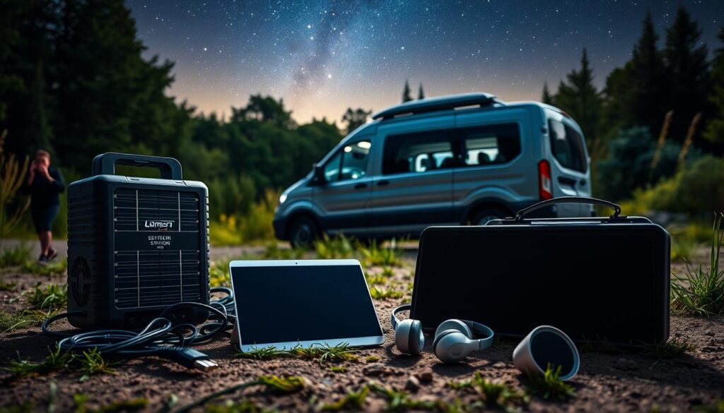 A well-lit, modern outdoor scene depicting an assortment of essential car camping gear for power and entertainment. In the foreground, a portable power station, solar panels, and various adapters and cables. In the middle ground, a sleek tablet or smartphone, a pair of wireless headphones, and a portable speaker. In the background, the silhouette of a camper van or SUV, surrounded by lush greenery and a starry night sky. The overall mood is one of adventurous yet practical living, with a focus on staying connected and entertained while off the grid.