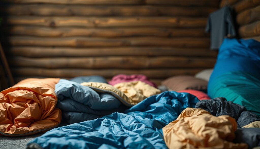 A well-lit studio scene showcasing a variety of sleeping bag liners. In the foreground, an array of liners in different materials and colors are neatly arranged, including silk, fleece, and lightweight synthetic options. The middle ground features a cozy, rustic backdrop with a wooden paneled wall, suggesting a cabin or outdoor lodge setting. Soft, diffused lighting illuminates the liners, highlighting their textures and features. The overall mood is one of comfort, practicality, and the simple pleasures of camping and outdoor adventures.