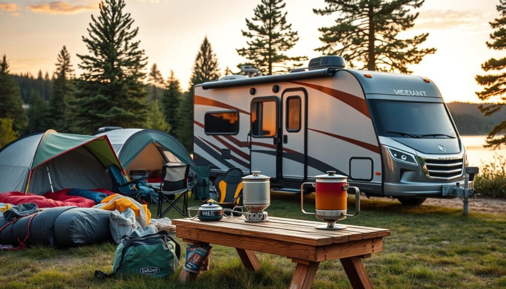 A well-organized arrangement of essential RV camping accessories against a warm, inviting backdrop. In the foreground, an array of high-quality gear including a sturdy tent, sleeping bags, camp chairs, and a portable stove set atop a rustic wooden table. The middle ground features a modern, compact RV with sleek lines and gleaming chrome fittings, parked amidst a lush, verdant landscape. In the background, towering pine trees and a serene, lakeside vista, bathed in the soft, golden glow of a sunset. The overall scene conveys a sense of adventure, comfort, and a deep connection with nature - the hallmarks of an exceptional RV camping experience. A well-organized arrangement of essential RV camping accessories against a warm, inviting backdrop. In the foreground, an array of high-quality gear including a sturdy tent, sleeping bags, camp chairs, and a portable stove set atop a rustic wooden table. The middle ground features a modern, compact RV with sleek lines and gleaming chrome fittings, parked amidst a lush, verdant landscape. In the background, towering pine trees and a serene, lakeside vista, bathed in the soft, golden glow of a sunset. The overall scene conveys a sense of adventure, comfort, and a deep connection with nature - the hallmarks of an exceptional RV camping experience.