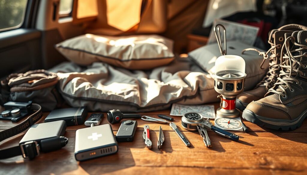 A well-organized car camping checklist essentials laid out on a wooden table, bathed in warm, natural lighting. In the foreground, an assortment of essential gear - a headlamp, portable power bank, first-aid kit, and a compact camping stove. In the middle ground, a cozy sleeping bag, inflatable pillow, and a sturdy multi-tool. The background features a vintage compass, a map, and a pair of rugged hiking boots, suggesting the adventurous spirit of the road trip. The overall composition evokes a sense of preparedness, comfort, and the excitement of exploring the great outdoors.