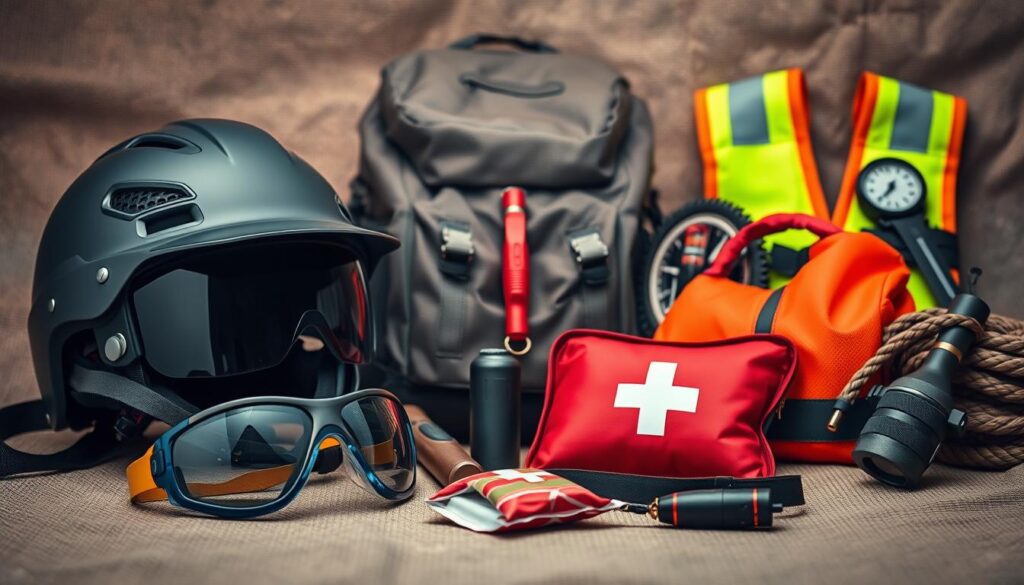 A well-stocked, neatly organized arrangement of essential outdoor safety gear. In the foreground, a sturdy helmet with a reflective trim, safety goggles, and a compact first-aid kit arranged on a rugged canvas backdrop. In the middle ground, a durable hiking backpack, a whistle, and a high-visibility safety vest. In the background, a coiled rope, a compass, and a flashlight with fresh batteries, all set against a muted, earthy color palette to convey a sense of preparedness and adventure. Soft, directional lighting illuminates the scene, casting subtle shadows and highlighting the textures of the various tools and equipment. The overall composition suggests a thoughtful, comprehensive approach to packing the necessary safety essentials for any outdoor excursion.