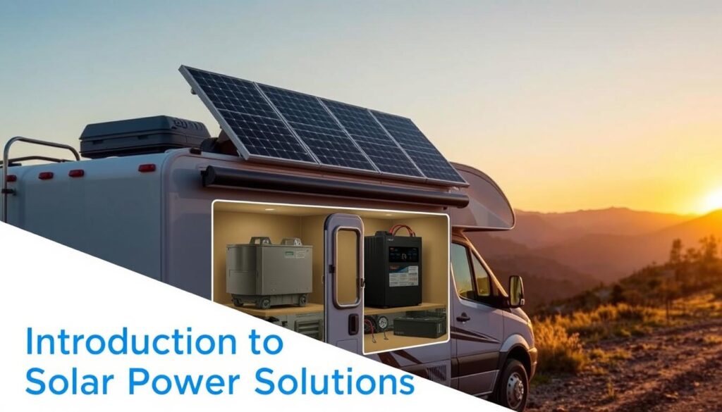 An RV parked in a scenic outdoor setting, its roof adorned with sleek solar panels that harness the sun's energy. In the foreground, the RV's side features a cutaway view, revealing the inner components of the solar power system - charge controllers, batteries, and inverters. The background showcases a serene mountain landscape, with a warm, golden glow from the setting sun casting a tranquil atmosphere. The entire scene conveys the self-sufficient, off-grid lifestyle enabled by RV solar power solutions, perfectly illustrating the "Introduction to RV Solar Power Solutions" section of the article. An RV parked in a scenic outdoor setting, its roof adorned with sleek solar panels that harness the sun's energy. In the foreground, the RV's side features a cutaway view, revealing the inner components of the solar power system - charge controllers, batteries, and inverters. The background showcases a serene mountain landscape, with a warm, golden glow from the setting sun casting a tranquil atmosphere. The entire scene conveys the self-sufficient, off-grid lifestyle enabled by RV solar power solutions, perfectly illustrating the "Introduction to RV Solar Power Solutions" section of the article.