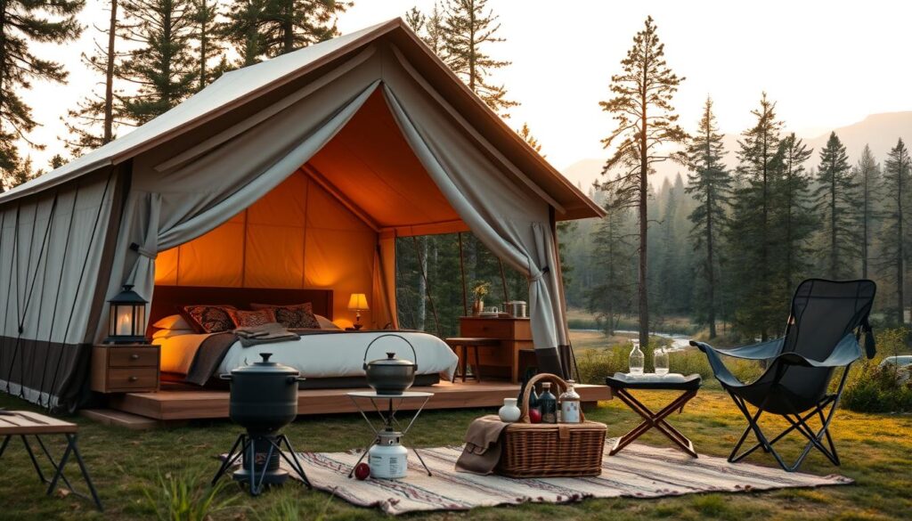 An elegant, high-quality tent in a serene, forested outdoor setting. The tent features a spacious, well-ventilated interior with ample headroom, plush bedding, and luxurious decorative accents. Warm lighting from lanterns casts a cozy glow. In the foreground, a collection of premium camping essentials, such as a high-end camp stove, folding chairs, and a chic picnic basket, are neatly arranged. The middle ground reveals a tranquil forest landscape with tall, lush trees and a meandering stream. The background is filled with a soft, hazy golden hour sky, creating a serene, elevated ambiance perfect for a glamping experience.