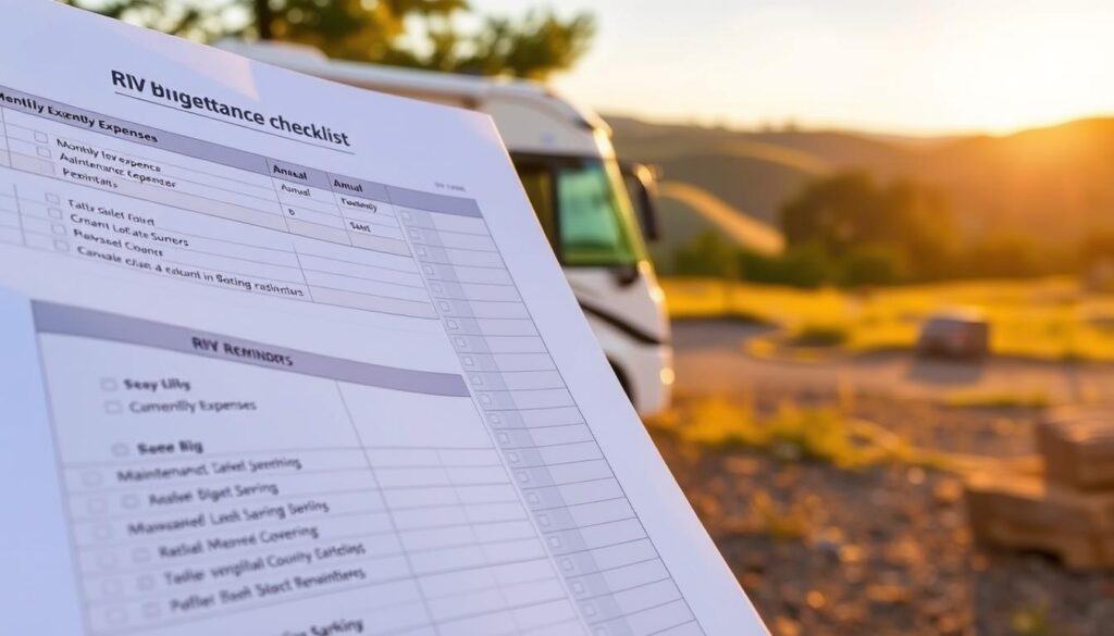 Detailed, organized RV budgeting and maintenance checklist against a warm, inviting backdrop. Foreground shows a well-organized spreadsheet or checklist with line items for monthly/annual expenses, maintenance tasks, and reminders. Middle ground showcases an RV parked in a scenic campsite, bathed in soft, golden lighting. Background features a serene landscape with rolling hills, trees, and a clear blue sky. The overall mood is one of preparedness, efficiency, and the joy of RV living, reflecting the "Integrating Beginner RV Owner Tips Into Your Buying Strategy" section. CampingGearAuthority