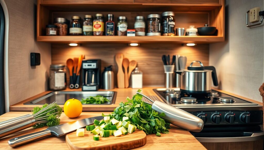 Neatly arranged RV kitchen essentials set against a warm, cozy backdrop. In the foreground, a wooden cutting board with freshly chopped vegetables, a set of high-quality stainless steel knives, and a sleek hand-held mixer. In the middle ground, a modern stovetop with a simmering pot, a coffee maker, and a collection of spice jars. In the background, open wood shelves displaying a variety of cookware, utensils, and pantry items. Soft, diffused lighting casts a gentle glow, creating an inviting, home-like atmosphere. The overall composition conveys a sense of organization, functionality, and the joy of cooking in the compact yet efficient RV kitchen space.