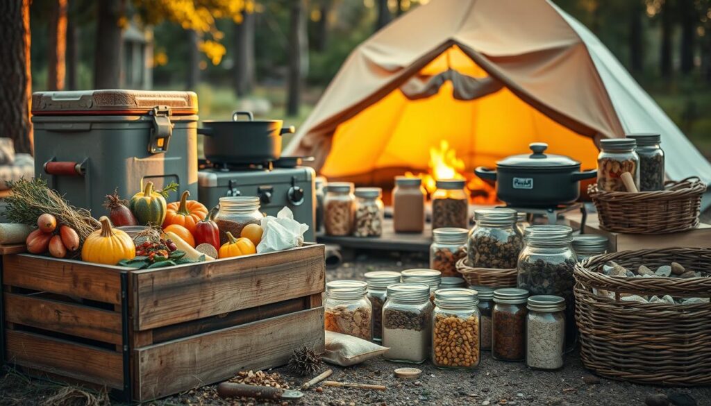 Outdoorsy camping scene with an array of gourmet cooking supplies and storage solutions, bathed in warm, golden light. In the foreground, a rustic wooden crate overflows with fresh produce, dried herbs, and spices. Behind it, a sturdy, weathered cooler and a cast-iron Dutch oven sit atop a portable camp stove. In the middle ground, neatly organized glass jars and woven baskets hold various dry goods and trail mixes. In the background, a cozy, canvas-covered tent and a crackling campfire set the peaceful, wilderness atmosphere. High-quality, detailed textures and realistic lighting create an inviting, magazine-worthy composition.