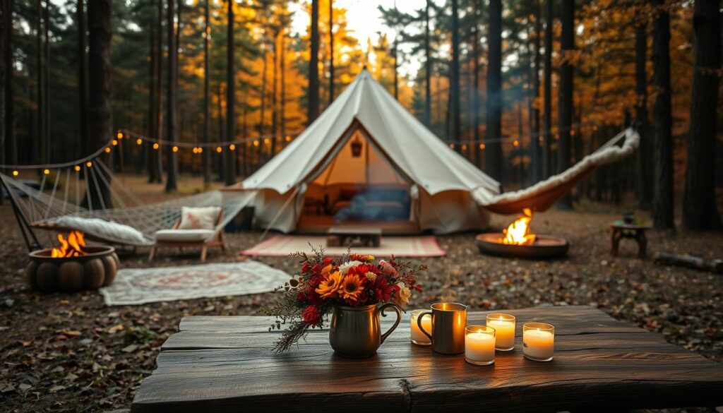 Seasonal glamping setups in a serene forest clearing, with a cozy canvas tent surrounded by plush rugs, string lights, and a crackling campfire. In the foreground, a rustic wooden table is adorned with autumn-hued florals, candles, and a steaming mug of hot cider. The middle ground features a plush hammock swaying between tall pines, while the background showcases the vibrant fall foliage. The scene is bathed in warm, golden lighting, creating a welcoming and intimate atmosphere for an authentic glamping experience.