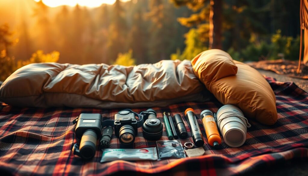 Sleeping gear camping checklist: A cozy sleeping bag, an insulated sleeping pad, and a compact pillow lie neatly arranged on a plaid blanket. The scene is bathed in warm, golden light, evoking the peaceful ambiance of a campsite at dusk. In the middle ground, various outdoor essentials like a headlamp, a water bottle, and a compass are meticulously displayed, highlighting the importance of a well-prepared camping trip. The background features a blurred, lush forest, suggesting the serene natural setting that awaits the adventurous camper. The overall composition conveys a sense of organization, comfort, and the anticipation of a restful night under the stars.