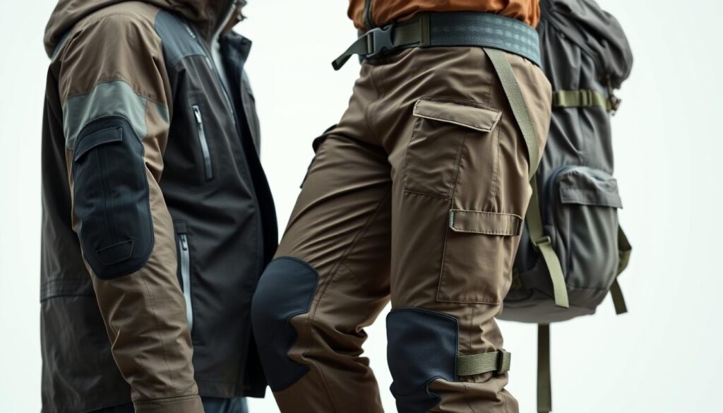Waterproof outdoor adventure clothing with detailed features in a well-lit, close-up studio shot. In the foreground, a rugged yet stylish jacket with reinforced elbows, waterproof zippers, and a removable hood. In the middle ground, a pair of moisture-wicking, breathable hiking pants with reinforced knees and adjustable cuffs. In the background, a sturdy backpack with padded shoulder straps, multiple pockets, and a water-resistant exterior. The lighting is bright and even, showcasing the high-quality textures and materials of the gear. The overall mood is one of durability, functionality, and preparedness for any outdoor adventure.